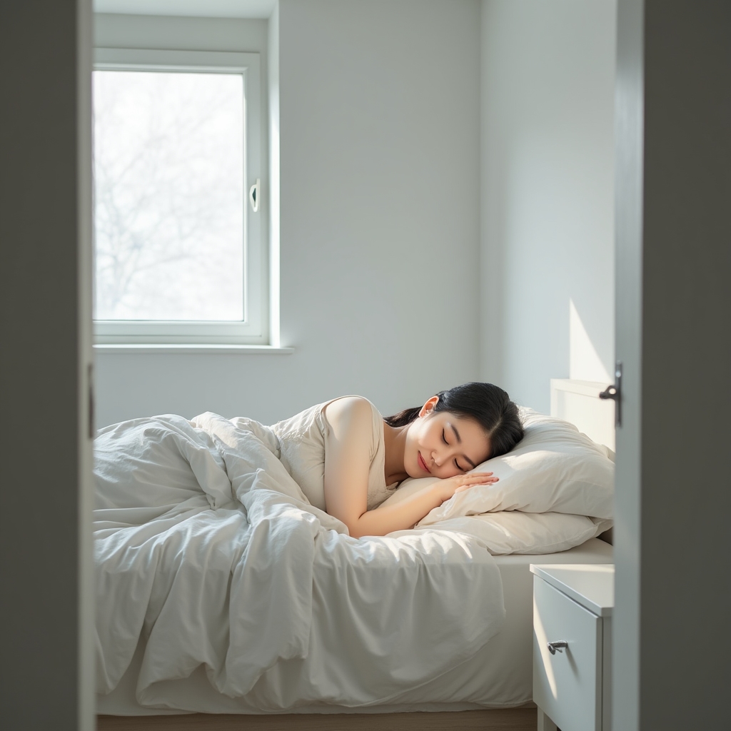 Person sleeping peacefully in a well-lit bedroom, representing the recovery phase of physical training