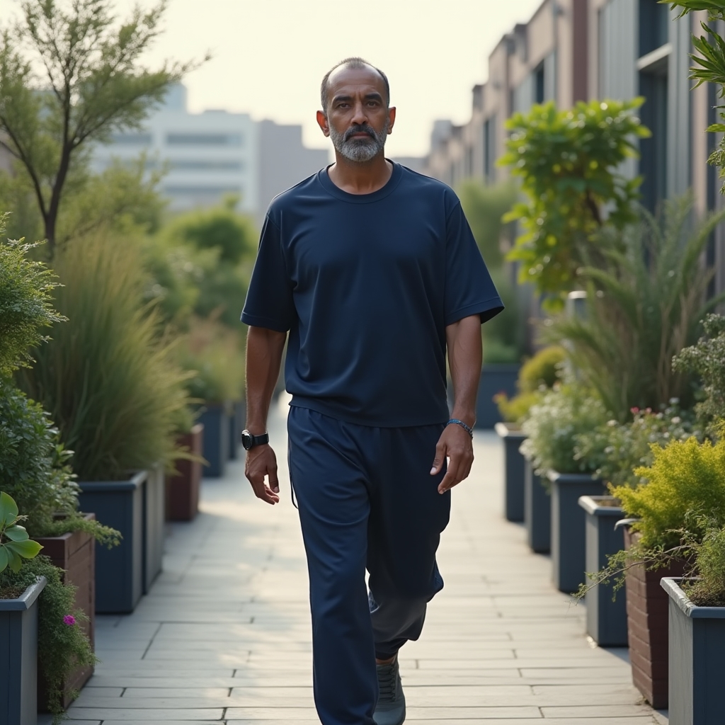 Person walking slowly through a park in soft morning light, expression calm and reflective