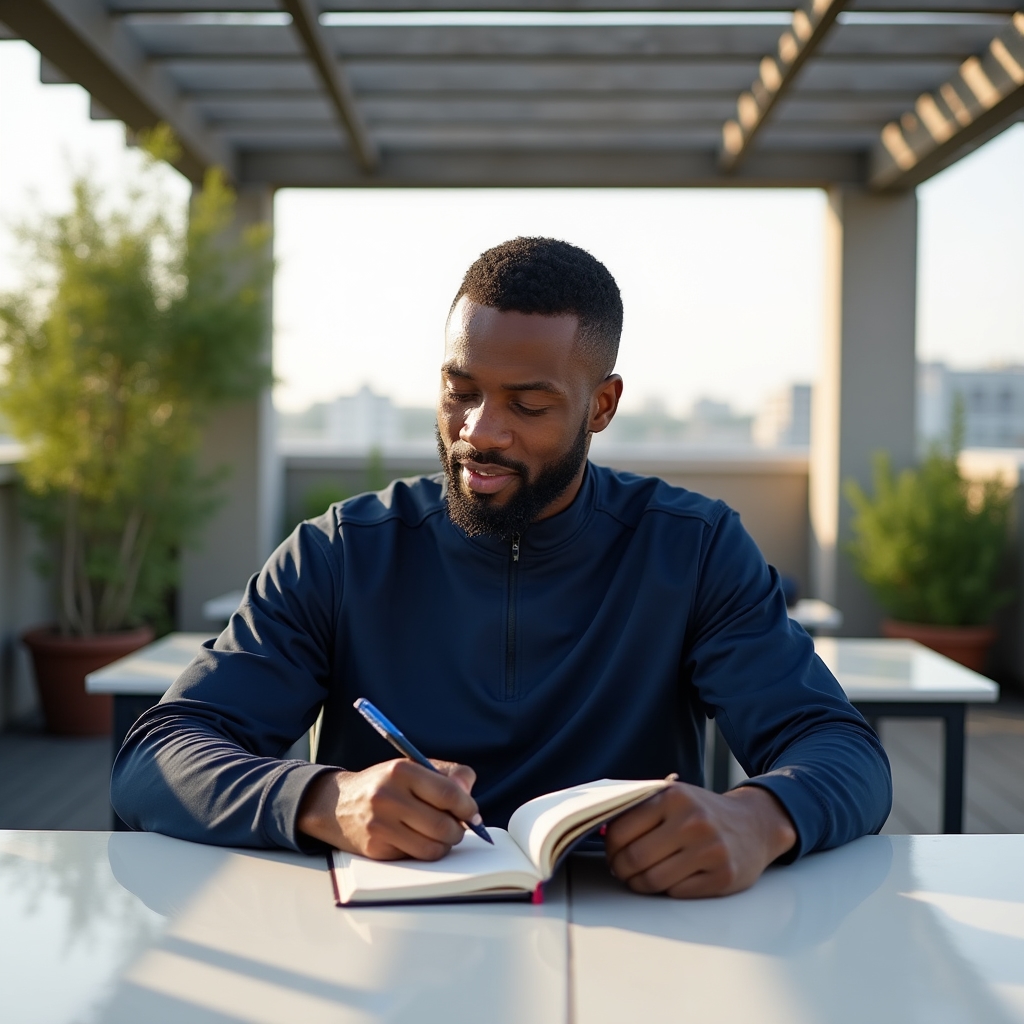 Individual reflecting on personal motivation and wellness goals outdoors